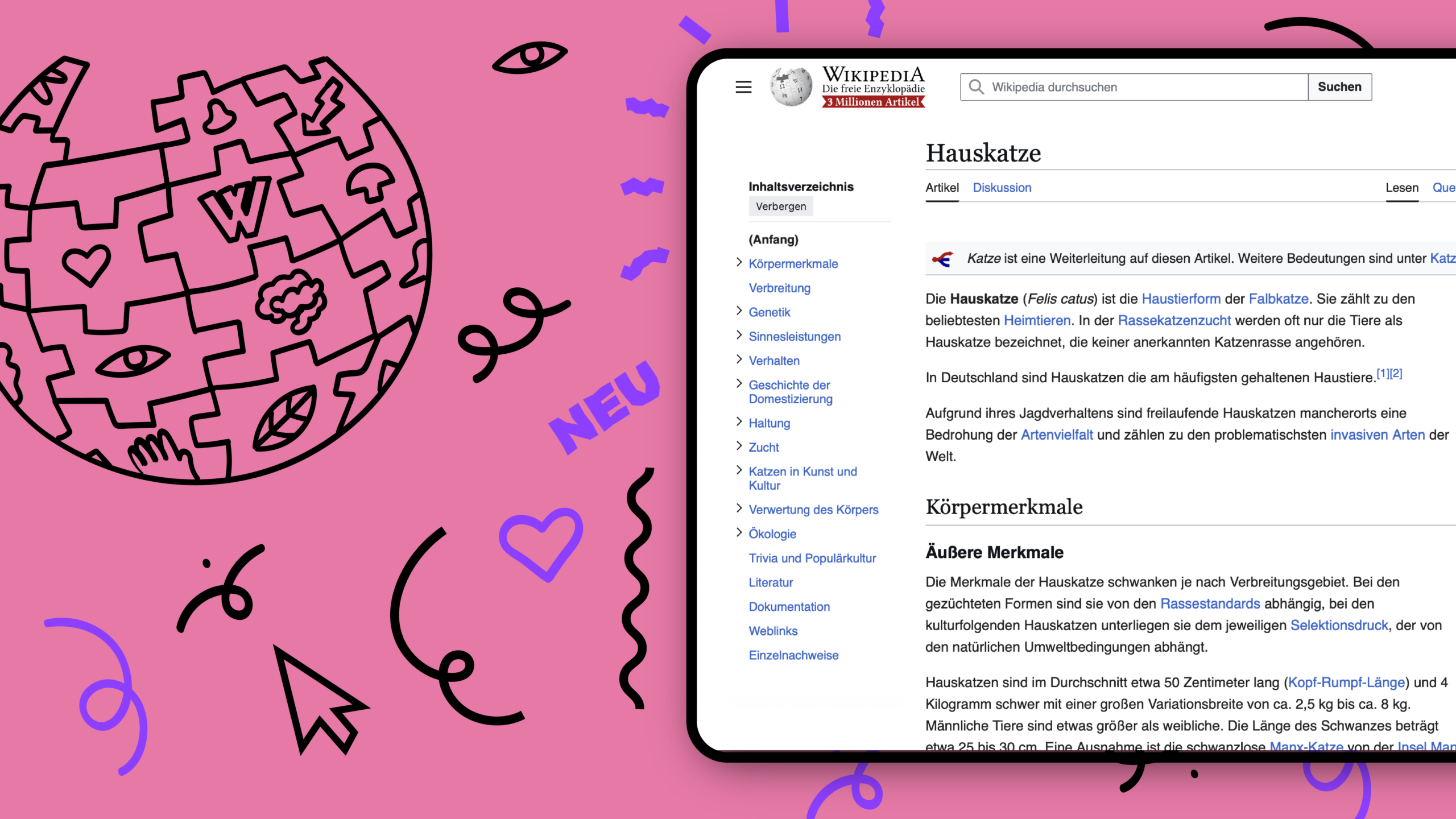 Screenshot der neuen Benutzeroberfläche von Wikipedia mit Grafikelementen